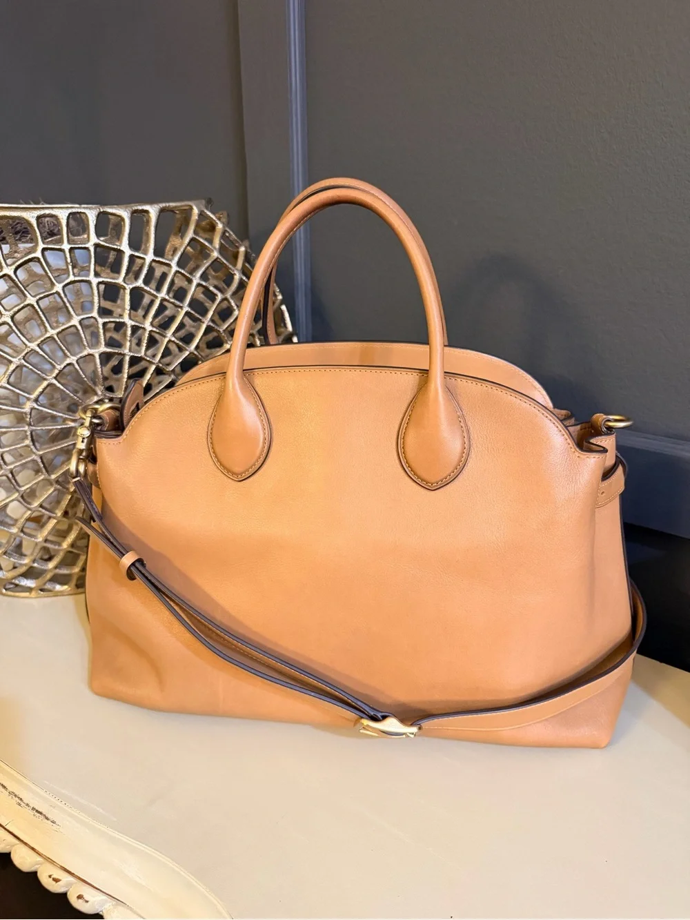 Coach Tan Leather Dome Satchel with Detachable Strap